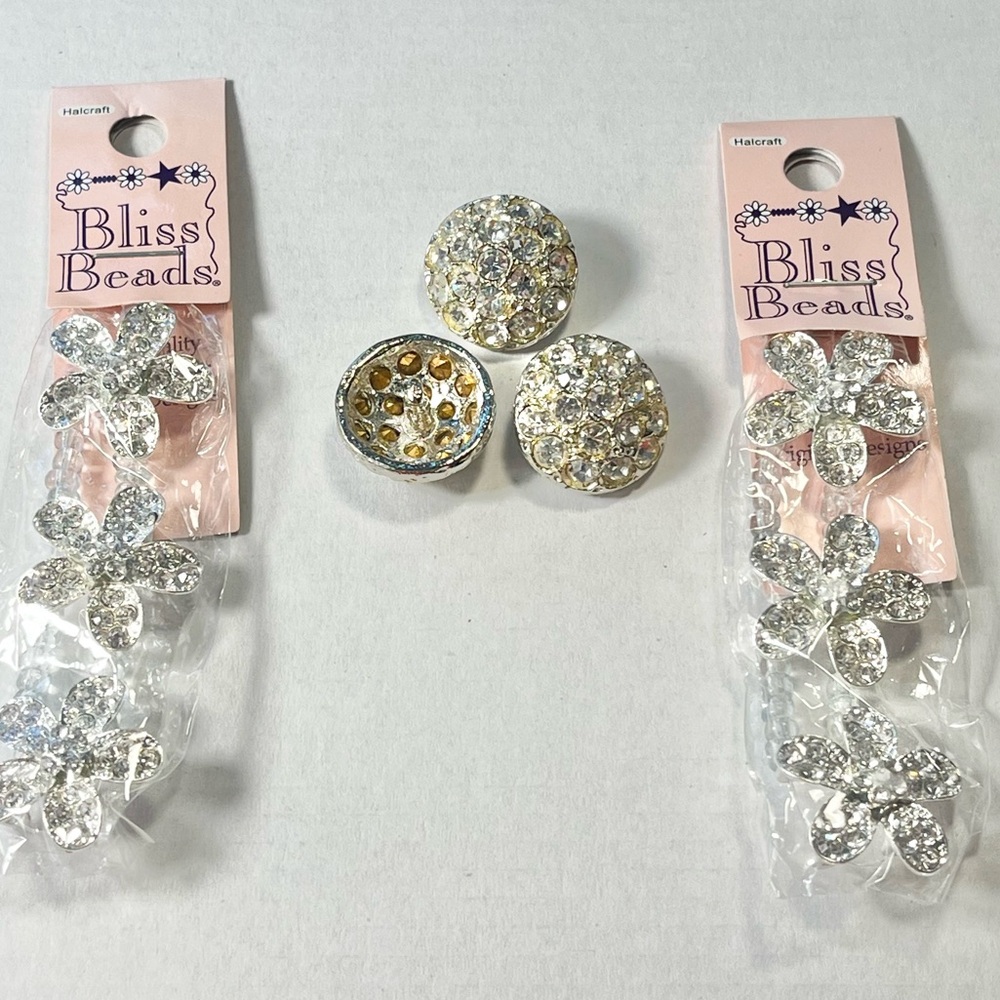 Bliss beads silver plated rhinestones flower sliders and 3 faux silver buttons
